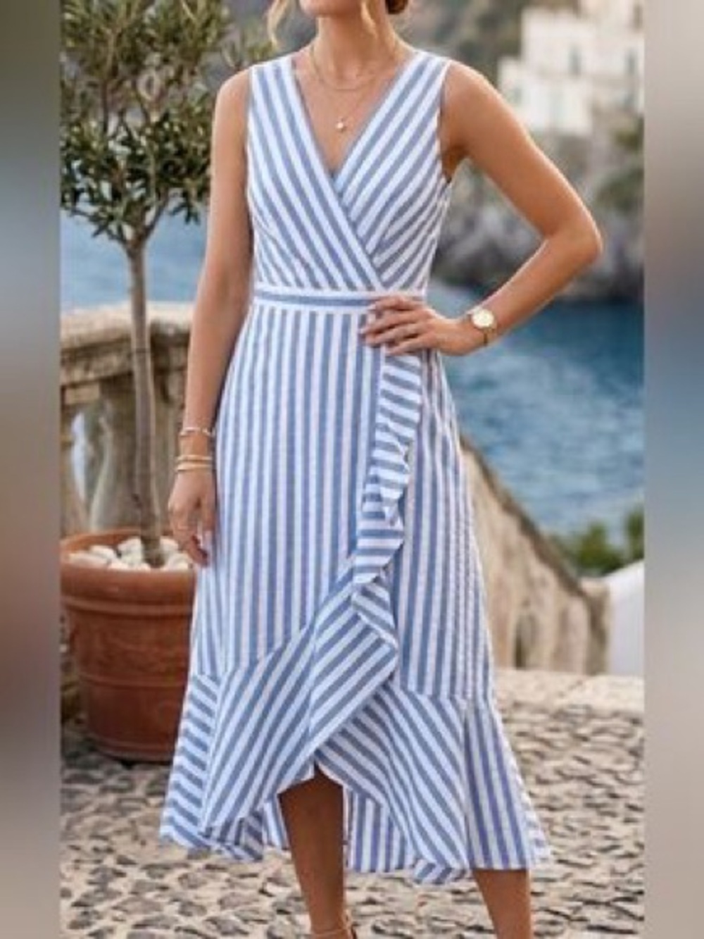J. Crew Stripe Ruffle High Low Maxi Dress Size 8 New Nautical Sleeveless